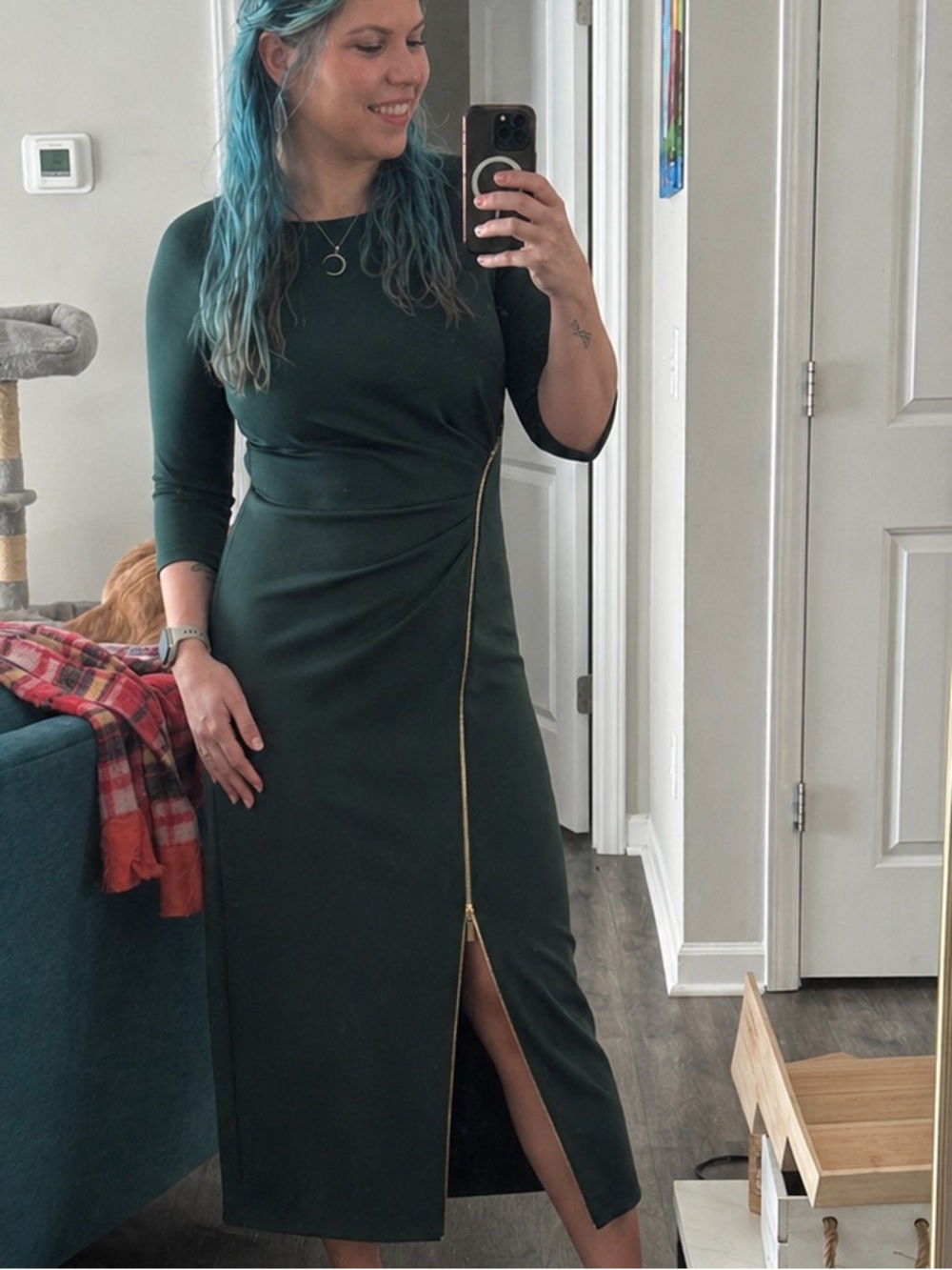 Calvin Klein Dark Green Midi Dress with Gold Zip
